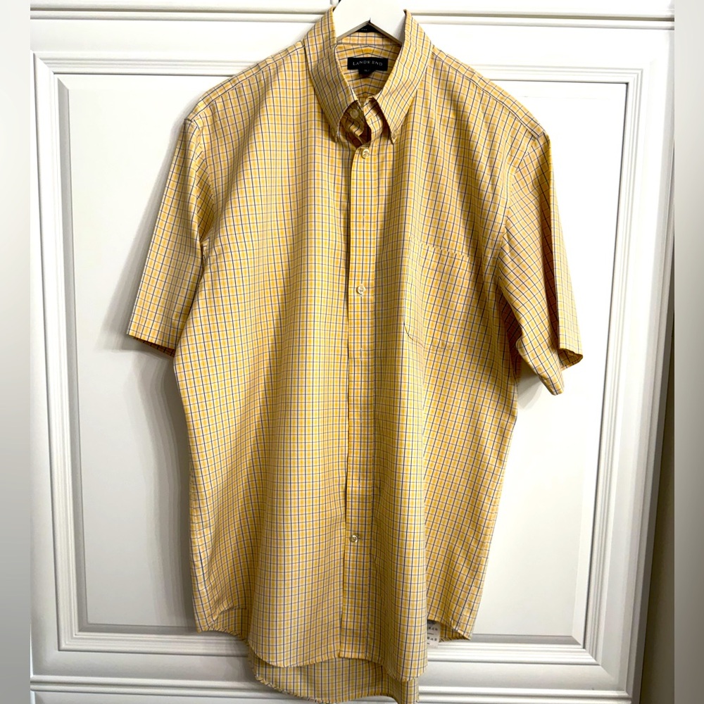Land’ End Men’s Sz 16 1/2 Tall Short Sleeve Button Down Shirt Yellow/Blue Check